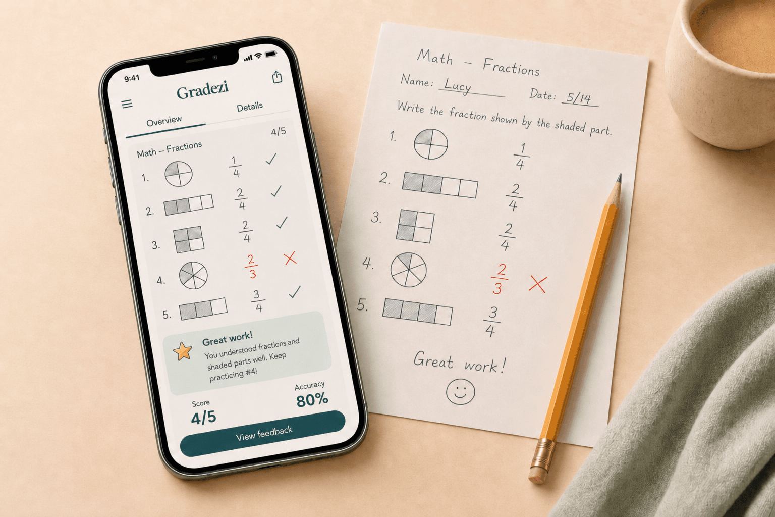 Gradezi grading a handwritten fractions worksheet on a phone beside the paper and a cup of coffee